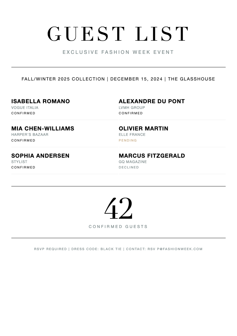 Fashion lookbook guest list